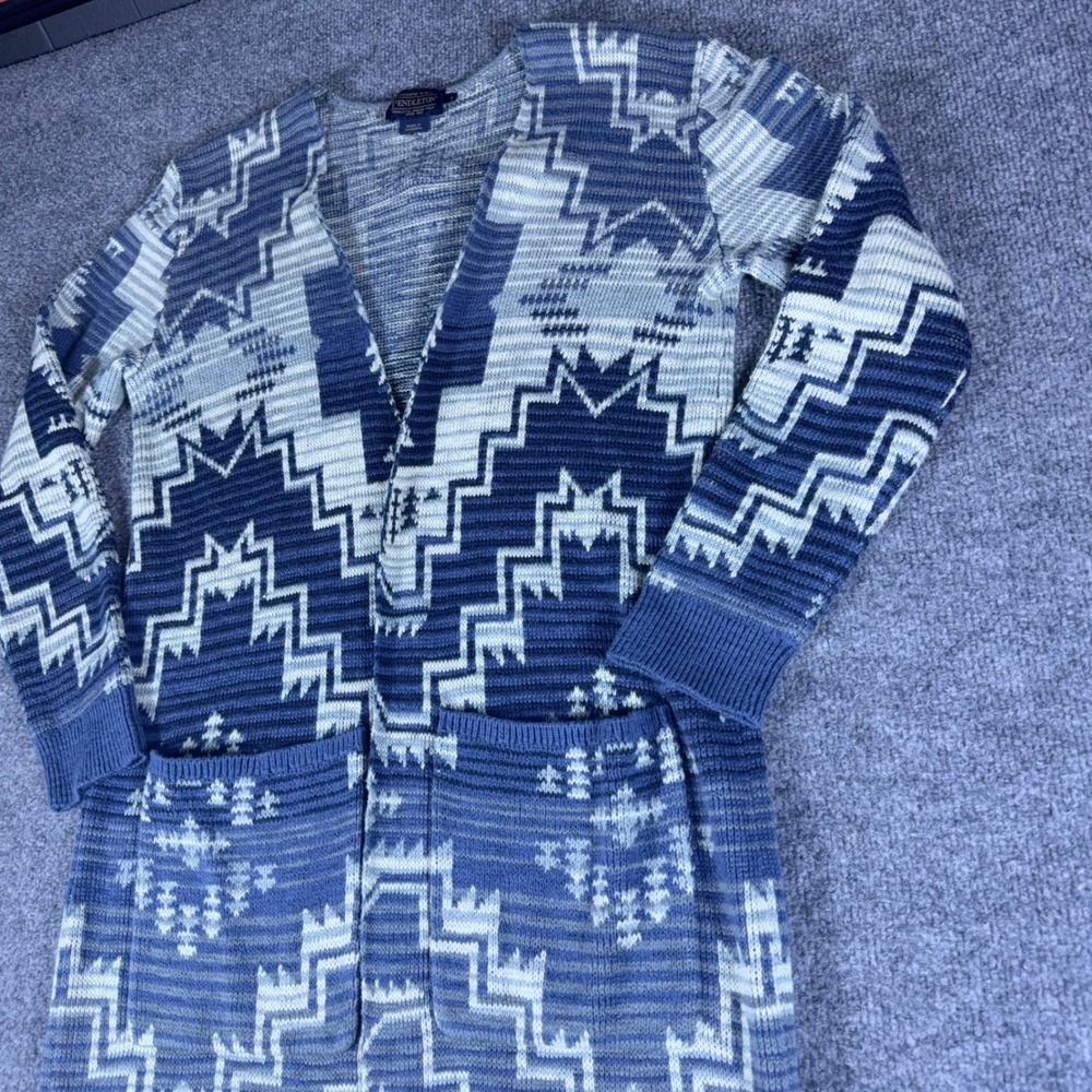Pendleton Blue White Southwestern Geometric Longline Duster Cardigan Sweater S - Picture 4 of 16